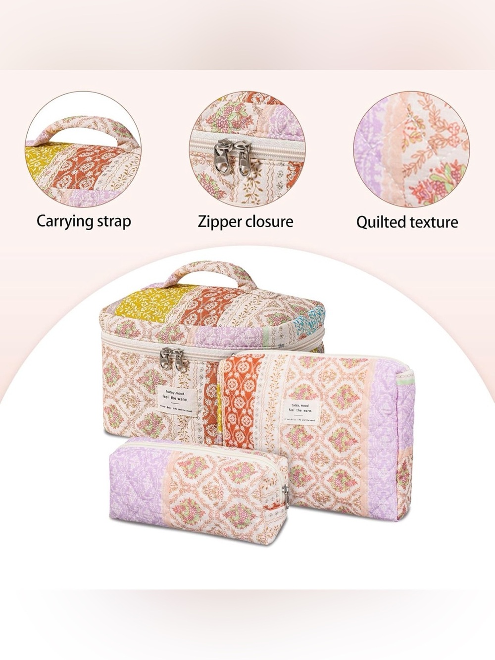 NWT Quilted Patchwork Travel Cosmetic Bag Set - Pastel Multicolor - Picture 3 of 3